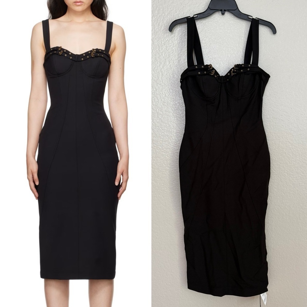 NWT VERSACE JEANS COUTURE
Black Baroque Buckle Bustier Midi Dress